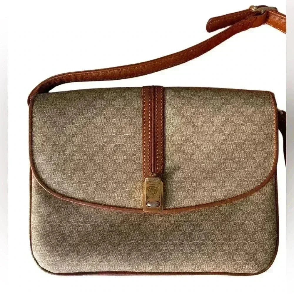 CELINE Macadam Blason Shoulder Cross Body Bag PVC Leather Beige